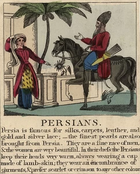 Persians. circa 1800: A Persian man riding a horse is greeted by a young lady