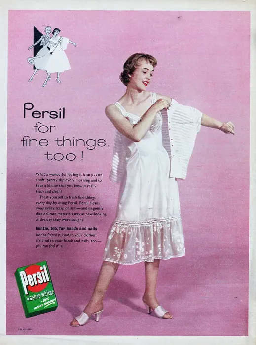 Framed Print : Persil. 1957: A woman wearing a slip and blouse with the caption Persil Framed Print : Persil. 1957: A woman wearing a slip and blouse with the caption Persil