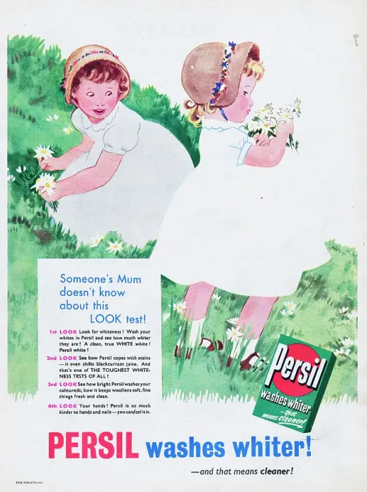 Framed Print : Persil. 1955: Advertisement for Persil washing powder showing two girls Framed Print : Persil. 1955: Advertisement for Persil washing powder showing two girls