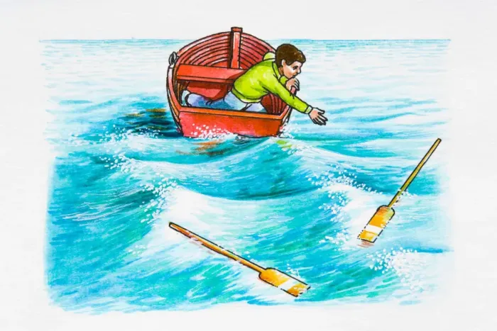 Framed Print : Person in boat reaching for paddles in water Framed Print : Person in boat reaching for paddles in water