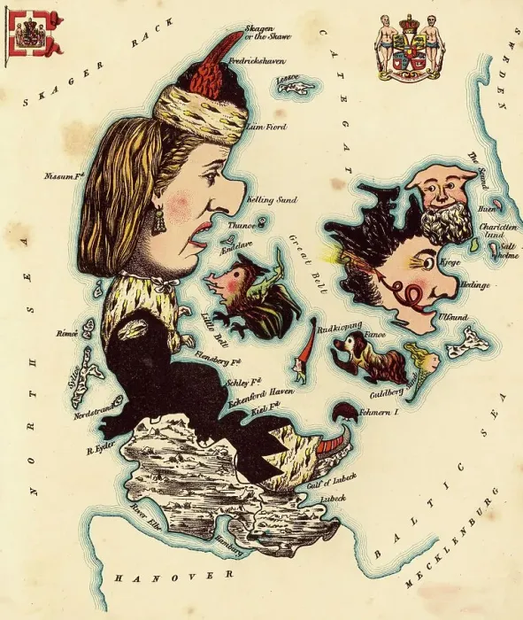 Framed Print : Personified map, c. 1880, Denmark, depicted with a noblewoman, Historical, digitally restored reproduction from a 19th century original