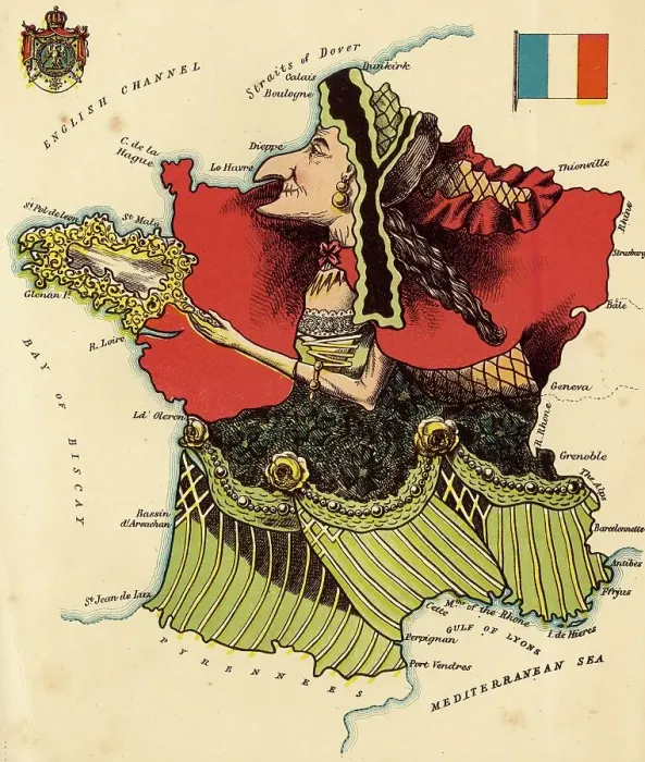 Framed Print : Personified map, c. 1880, France, depicted with a Bourbon woman, Historical, digitally restored reproduction from a 19th century original Framed Print : Personified map, c. 1880, France, depicted with a Bourbon woman, Historical, digitally restored reproduction from a 19th century original