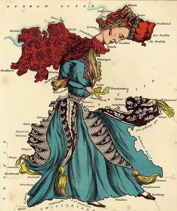 Framed Print : Personified Map, c. 1880, Germany, depicted as a dancing lady, Historic, digitally restored reproduction from a 19th century original Framed Print : Personified Map, c. 1880, Germany, depicted as a dancing lady, Historic, digitally restored reproduction from a 19th century original