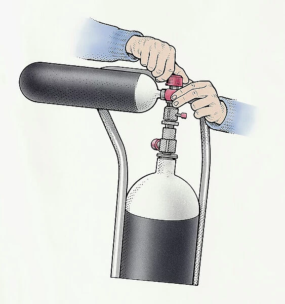 Person's hands adjusting valve on oxygen tank