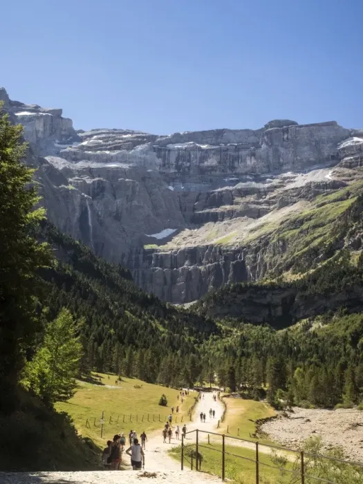 Framed Print : Persons walking along the cirque of Gavarnie. Pyrenees. France. World Heritage by UNESCO, the great waterfall Framed Print : Persons walking along the cirque of Gavarnie. Pyrenees. France. World Heritage by UNESCO, the great waterfall