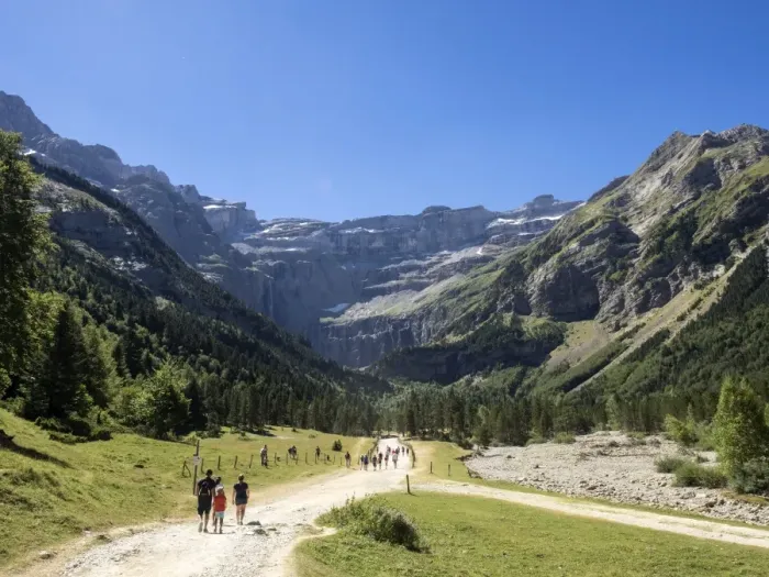 Framed Print : Persons walking along the cirque of Gavarnie. Pyrenees. France. World Heritage by UNESCO, the great waterfall Framed Print : Persons walking along the cirque of Gavarnie. Pyrenees. France. World Heritage by UNESCO, the great waterfall