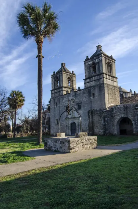 Framed Print : A Perspective View of Mission Concepcions Wooden Door