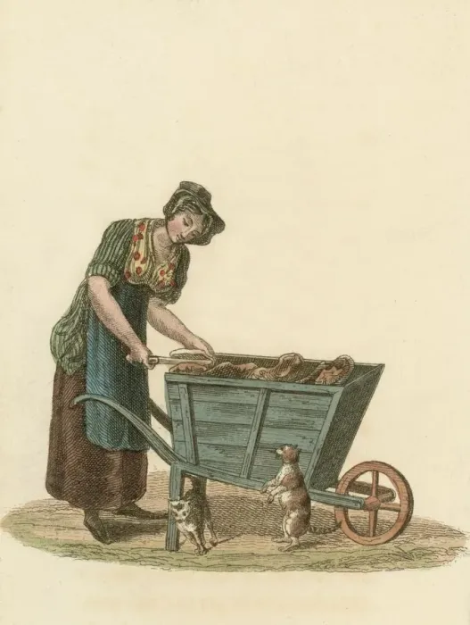 Framed Print : Pet Food. circa 1895: A woman sells pet food from a wheel barrow Framed Print : Pet Food. circa 1895: A woman sells pet food from a wheel barrow