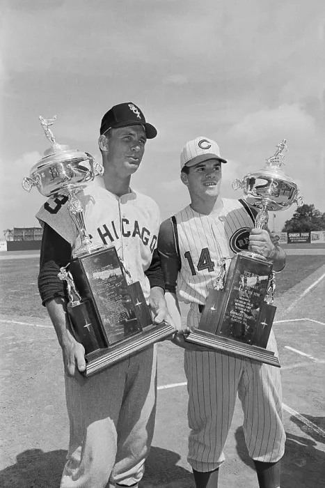Framed Print : Pete Rose and Gary Peters with Rookie of the Year Trophies Framed Print : Pete Rose and Gary Peters with Rookie of the Year Trophies