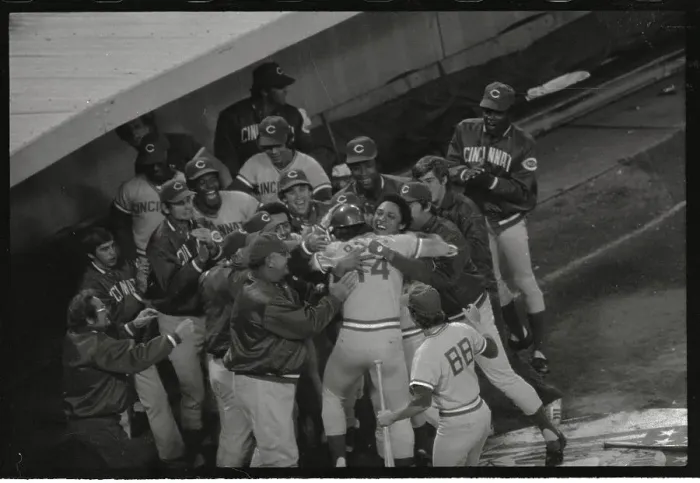 Framed Print : Pete Rose Receiving Praise for Home Run