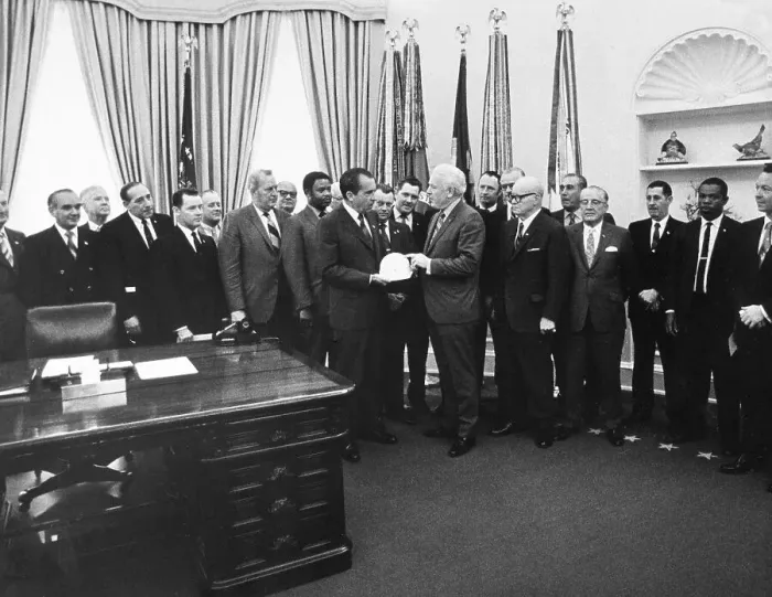 Framed Print : Peter Brennan Gives Hard Hat To Richard Nixon Framed Print : Peter Brennan Gives Hard Hat To Richard Nixon