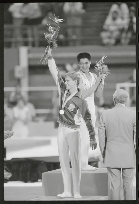 Framed Print : Peter Vidmar Raising Arm During Medal Ceremonies Framed Print : Peter Vidmar Raising Arm During Medal Ceremonies