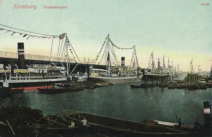 Framed Print : Petersenquai, Hamburg, Germany, postcard with text, view around ca 1910, Historic, digital reproduction of a historic postcard, public domain, from that time, exact date unknown Framed Print : Petersenquai, Hamburg, Germany, postcard with text, view around ca 1910, Historic, digital reproduction of a historic postcard, public domain, from that time, exact date unknown
