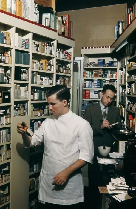 Framed Print : Pharmacy. NEW YORK - SEPTEMBER 1941: A Pharmacist prepares a prescription Framed Print : Pharmacy. NEW YORK - SEPTEMBER 1941: A Pharmacist prepares a prescription