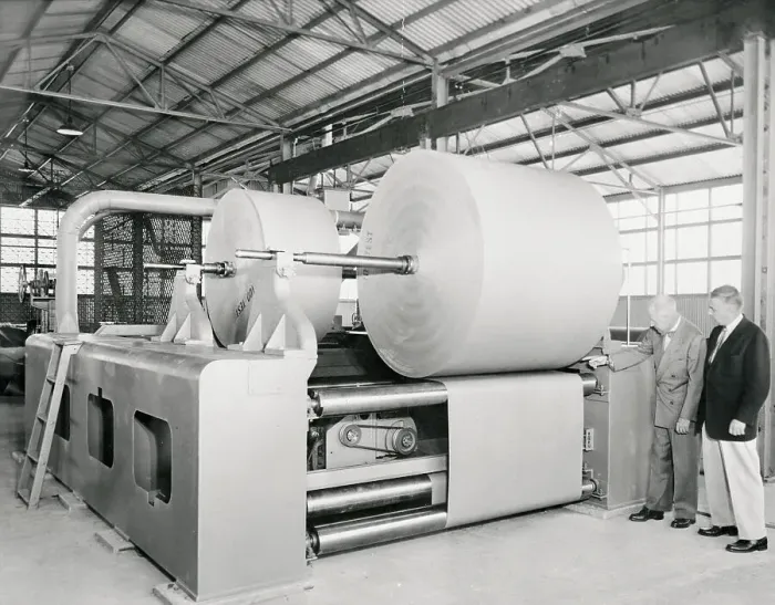 Framed Print : Philip J. McGuire and Edwin Hoyt Inspecting Paper Splicer Framed Print : Philip J. McGuire and Edwin Hoyt Inspecting Paper Splicer