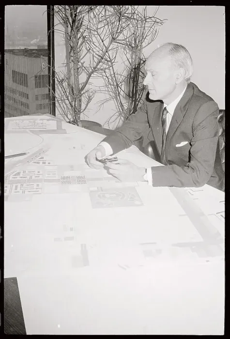 Framed Print : Philip Johnson with his City Map Plan