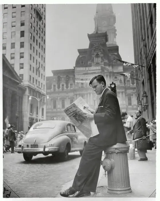 Framed Print : Philip Willkie Leaning on Hydrant Reading Newspaper Framed Print : Philip Willkie Leaning on Hydrant Reading Newspaper