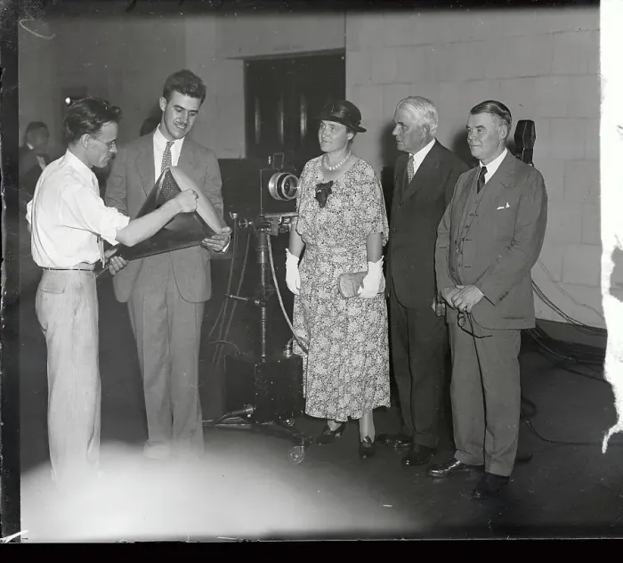 Framed Print : Philo Farnsworth Displaying New Television Set