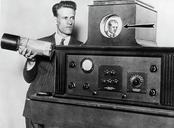 Framed Print : Philo T. Farnsworth With an Early Television Framed Print : Philo T. Farnsworth With an Early Television