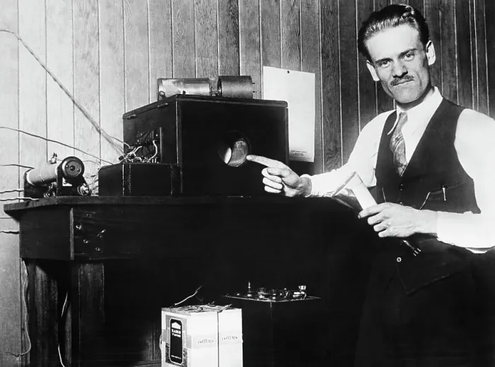 Framed Print : Philo T. Farnsworth Points to his Television