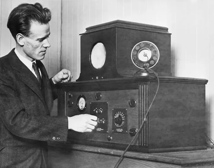 Framed Print : Philo T. Farnsworth with his Television Receiver Framed Print : Philo T. Farnsworth with his Television Receiver