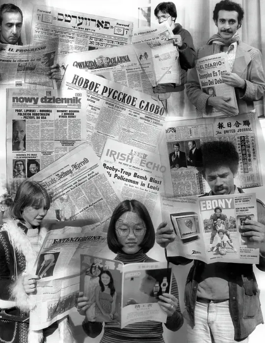 Framed Print : Photo Montage of Diverse New Yorkers Reading Ethnic News in 1970's Framed Print : Photo Montage of Diverse New Yorkers Reading Ethnic News in 1970's