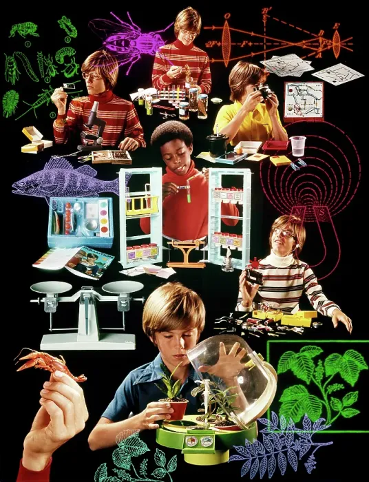 Framed Print : Photo Montage of Kids Science Lab in the 1970's Framed Print : Photo Montage of Kids Science Lab in the 1970's