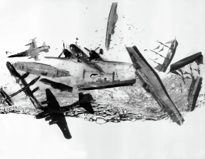 Framed Print : Photo Montage of Toy Boats and Airplanes Crashing in Water in 1960's Framed Print : Photo Montage of Toy Boats and Airplanes Crashing in Water in 1960's