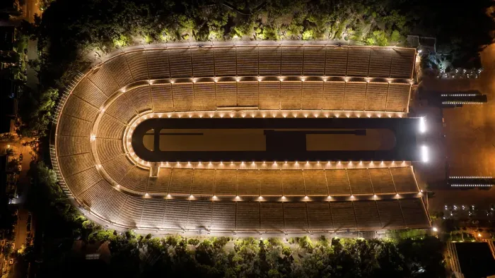 Framed Print : Top down photo of the Panathinaic stadium in Athens, Greece at night Framed Print : Top down photo of the Panathinaic stadium in Athens, Greece at night