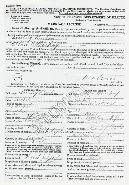 Framed Print : Photocopy of Berlin's Marriage License Framed Print : Photocopy of Berlin's Marriage License