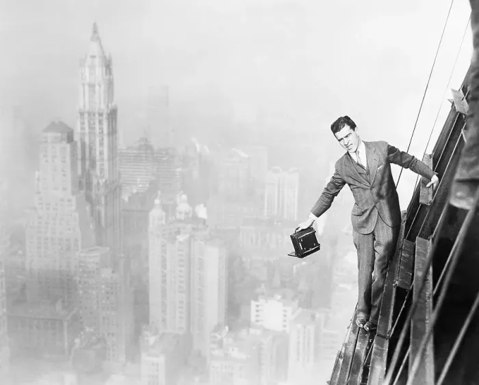 Framed Print : Photographer Jack Reilly on Side of Bank of Manhattan Building Framed Print : Photographer Jack Reilly on Side of Bank of Manhattan Building