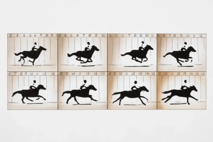Framed Print : Photographic frames on two film strips depicting action sequence of man riding horse Framed Print : Photographic frames on two film strips depicting action sequence of man riding horse