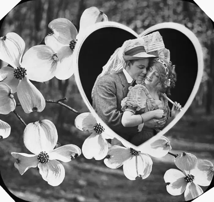 Framed Print : Photographic Valentine with Lovers, Heart, and Blossoms Framed Print : Photographic Valentine with Lovers, Heart, and Blossoms