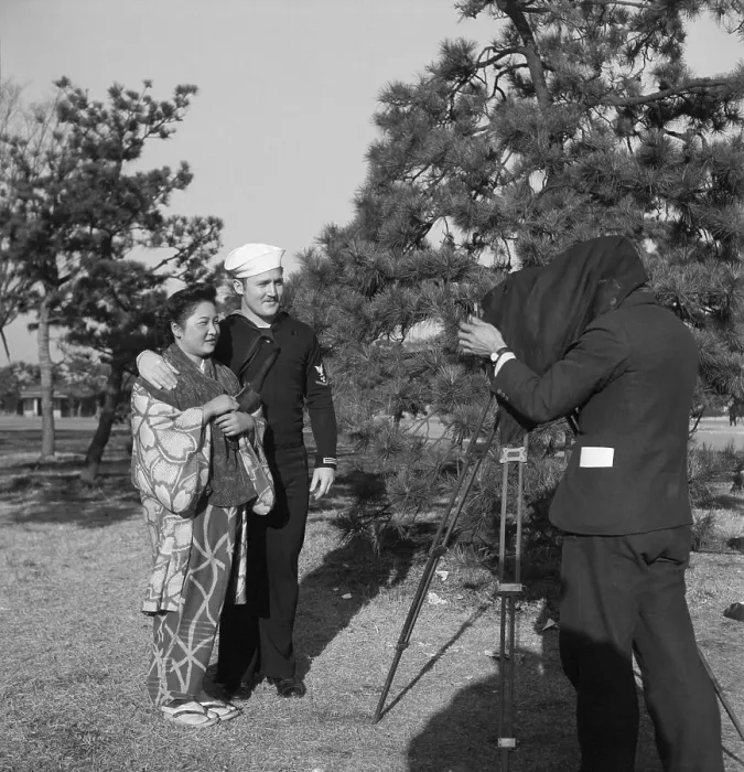Framed Print : Photographing Sailor and Japanese Girl Framed Print : Photographing Sailor and Japanese Girl