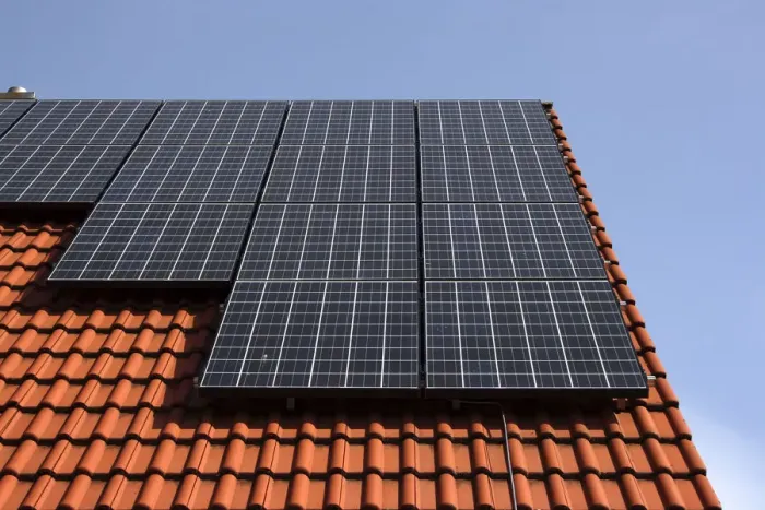 Framed Print : Photovoltaic system on the roof of a single family detached house Framed Print : Photovoltaic system on the roof of a single family detached house