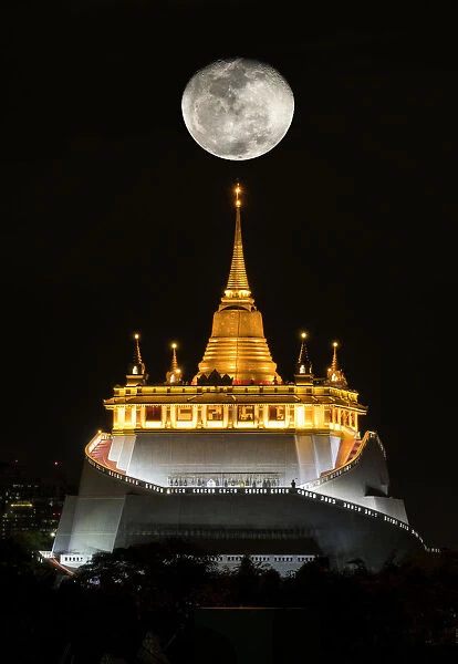 Phu Khao Thong with Big moon at night, Bangkok, Thailand