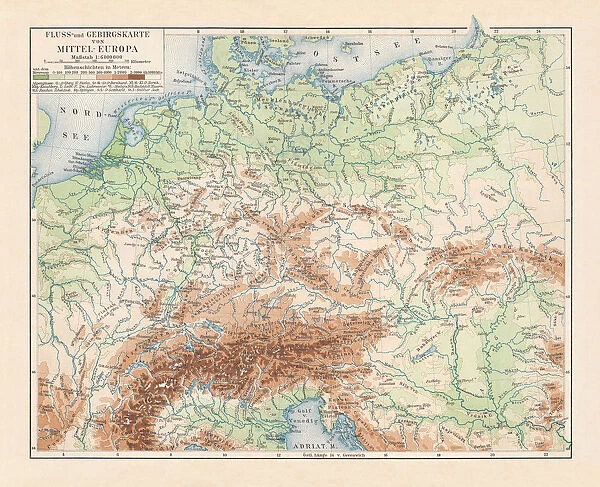Physical map of Central Europe, lithograph, published in 1897
