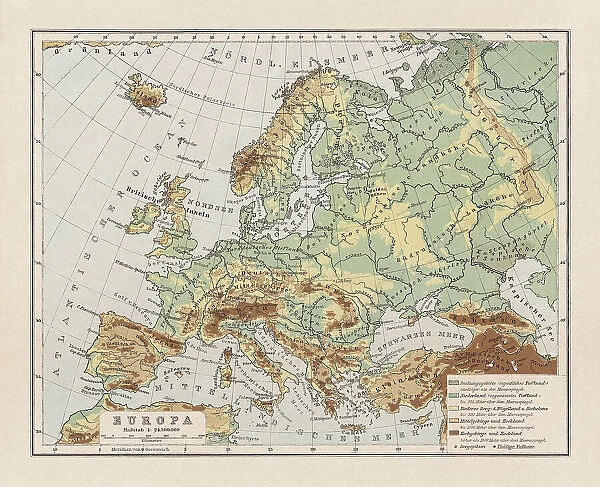 Physical map ofl Europe, lithograph, published in 1893