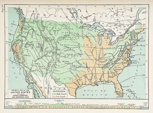 Physical map of the United States showing surface and isothermal lines 1892