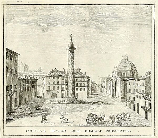 Piazza della Colonna Trajana, at noon of SS. Apostoli, historical Rome, Italy, digital reproduction of an original from the 17th century, original date not known