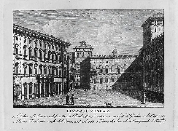 Piazza di Venezia, Rome, Italy, digitally restored reproduction from Vedute principali e piu interessanti di Roma by Giovanni Battista, 1799