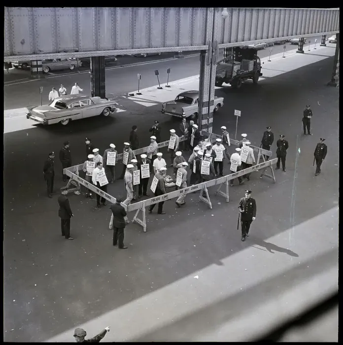 Framed Print : Picketing Seamen Inside Police Barricade Framed Print : Picketing Seamen Inside Police Barricade