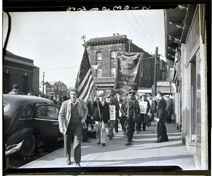 Framed Print : Pickets Marching with Flags and Signs