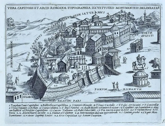 Framed Print : A pictorial map with topography, monuments and buildings on Capitoline Hill in Rome. Important landmarks and sites are numbered and a key is at the bottom of the page. A number of important temples are on this page, historical Rome, Italy, digital Framed Print : A pictorial map with topography, monuments and buildings on Capitoline Hill in Rome. Important landmarks and sites are numbered and a key is at the bottom of the page. A number of important temples are on this page, historical Rome, Italy, digital