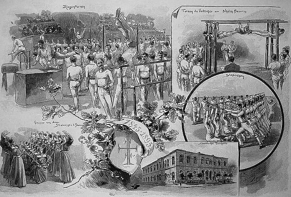 Picture tableau of the fiftieth anniversary of the foundation of the Leipzig General Gymnastics Association, Leipzig, Germany, 1895, Historic, digital reproduction of an original 19th century master copy