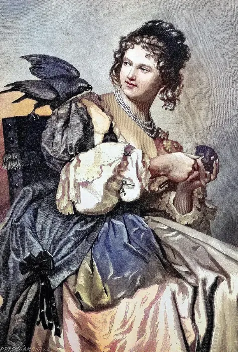 Framed Print : The picture is what do you want ?, girl with an apple and a bird looks curiously over the shoulder, after his painting on wood drawn by Jul Framed Print : The picture is what do you want ?, girl with an apple and a bird looks curiously over the shoulder, after his painting on wood drawn by Jul