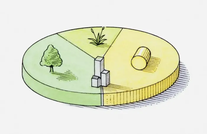 Framed Print : Pie chart illustration representing grassland, forest, farmland and built-up areas of Portugal