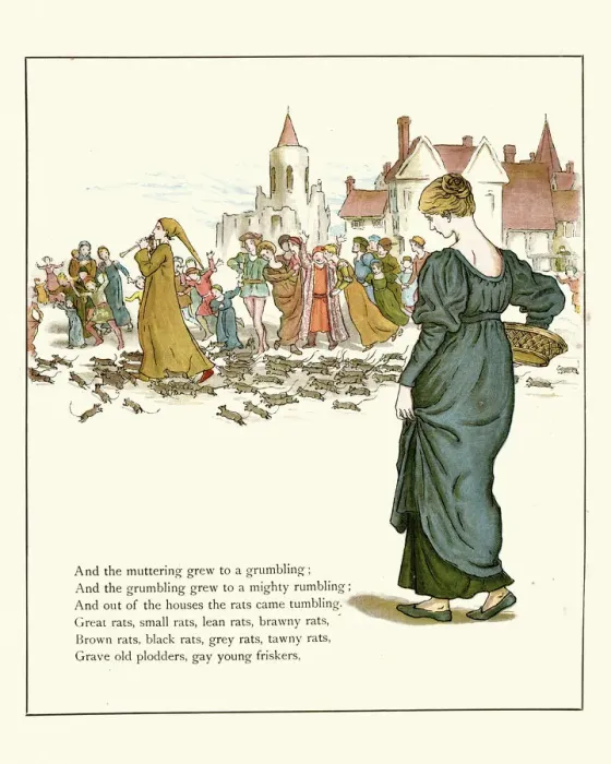 Framed Print : Pied Piper of Hamelin leading the rats out of town illustration