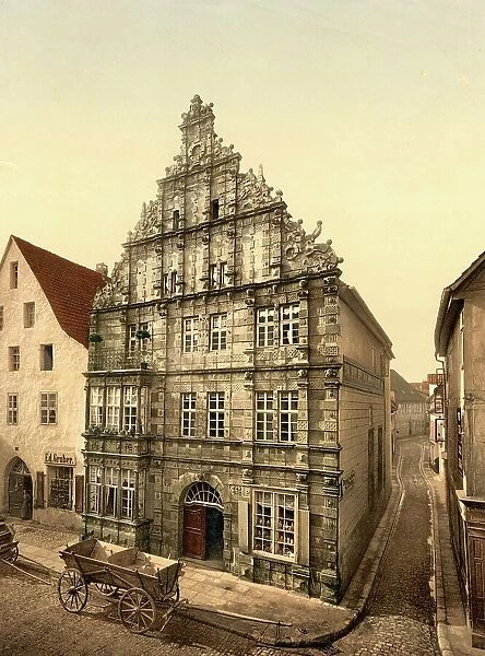 The Pied Piper House in Hamelin, Lower Saxony, Germany, Historic, digitally restored reproduction of a photochromic print from the 1890s