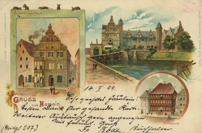 Framed Print : The Pied Pipers House in Hamelin, Lower Saxony, Germany, postcard with text, view around ca 1910, historical, digital reproduction of a historical postcard, public domain, from that time, exact date unknown